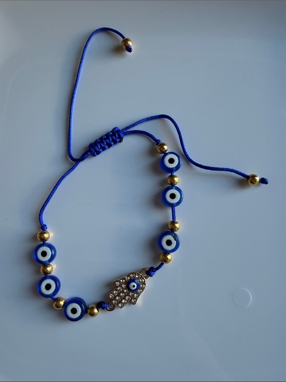 Crystal Hamsa Bracelet with Blue Evil Eye Beads Handmade Adjustable Jewelry